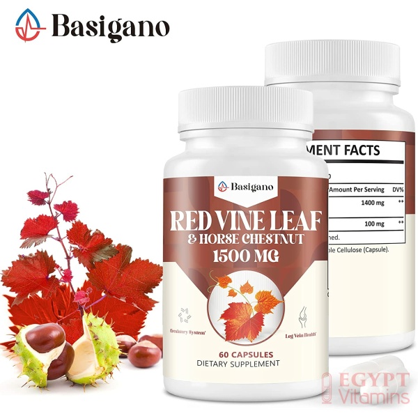 Basigano Red Vine Leaf & Horse Chestnut Extract Capsule Supplements (Vitis Vinifera) 1500mg -Premium Extract for Healthy Veins, Circulation, Heart, Skin
