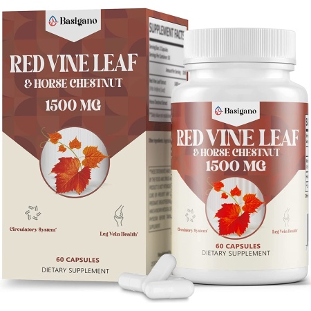 Basigano Red Vine Leaf & Horse Chestnut Extract Capsule Supplements (Vitis Vinifera) 1500mg -Premium Extract for Healthy Veins, Circulation, Heart, Skin