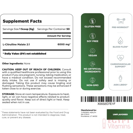 Type Zero L-Citrulline Malate Powder 2:1 6X (6000mg | Unflavored) Ultra Clean L Citrulline, Nitric Oxide Booster, Pre Workout - Nitrous Oxide Vasodilator Supplement