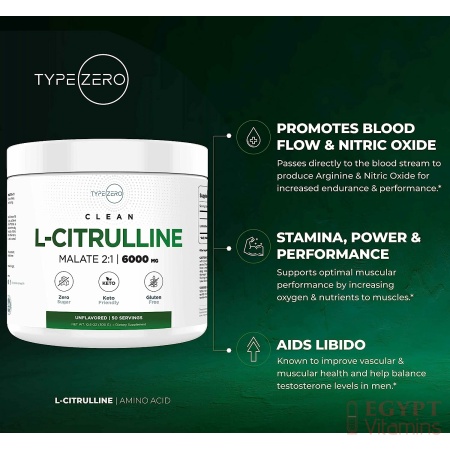 Type Zero L-Citrulline Malate Powder 2:1 6X (6000mg | Unflavored) Ultra Clean L Citrulline, Nitric Oxide Booster, Pre Workout - Nitrous Oxide Vasodilator Supplement