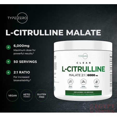 Type Zero L-Citrulline Malate Powder 2:1 6X (6000mg | Unflavored) Ultra Clean L Citrulline, Nitric Oxide Booster, Pre Workout - Nitrous Oxide Vasodilator Supplement