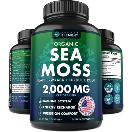 Organic Sea Moss Capsules - Burdock Root, Irish Moss and Bladderwrack Capsules - Immune System, Gut Cleanse & Thyroid Supplement - 120 Pills with All-Natural Sea Moss Powder