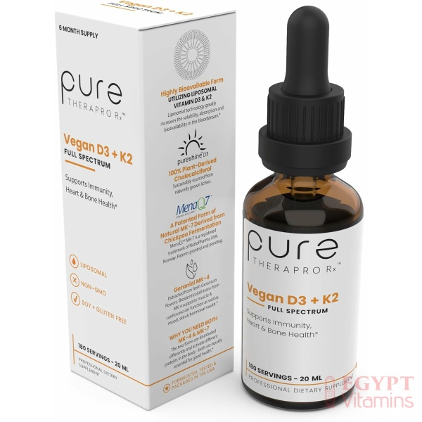 Pure Therapro Rx Vegan D3 + K2 Organic 100% Liposomal | 180 Servings | Maximum Absorption Vitamin D3 and Vitamin K2 Supplements for Men and Women, D3 Vitamin 5000 IU, Liquid Vitamin D3 with K2-20 mL
