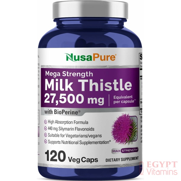 NusaPure Milk Thistle Extract 27,500mg 120 Veggie Capsules (50:1 Extract, Non-GMO, Gluten Free) Max Strength - Standardized 80% Silymarin with Bioperine