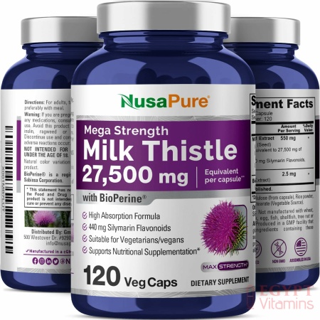 NusaPure Milk Thistle Extract 27,500mg 120 Veggie Capsules (50:1 Extract, Non-GMO, Gluten Free) Max Strength - Standardized 80% Silymarin