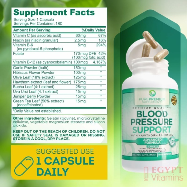 PurePremium Blood Pressure Support with Hawthorn & Hibiscus - for Cardiovascular & Circulatory Health - 180 Capsules - Image 2