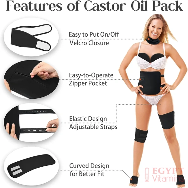 Uminyoo 8pcs Castor Oil Pack Wrap, Reusable Castor Oil Organic Cotton Pack Liver Detox Insomnia Constipation and Inflammation for Neck Arms Waist Knee with Adjustable Elastic Strap (Black) - Image 2