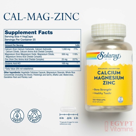 Solaray Calcium, Magnesium, Zinc | High Absorption with Glutamic Acid | Healthy Bones, Teeth, Nerve, Muscle, Heart & Immune Function Support | 100ct