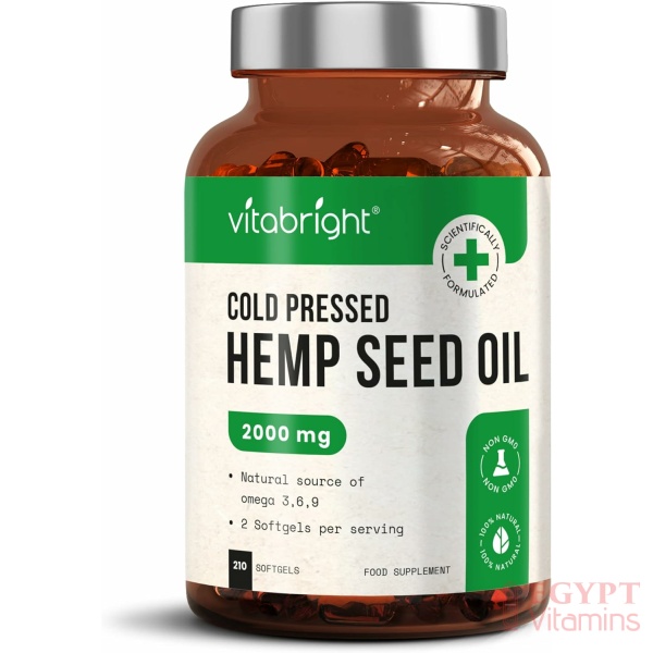 VitaBright Hemp Seed Oil Capsules – 2000mg per Serving – High Strength – Natural Source of Omega 3-6-9- 210 Softgel Capsules
