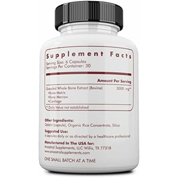 ⁦Ancestral Supplements Grass Fed Beef Bone and Marrow Supplement, 3000mg, Skin, Oral Health, and Joint Support Supplement, Promotes Whole-Body Wellness, Non GMO Whole Bone Extract, 180 Capsules⁩ - الصورة ⁦2⁩