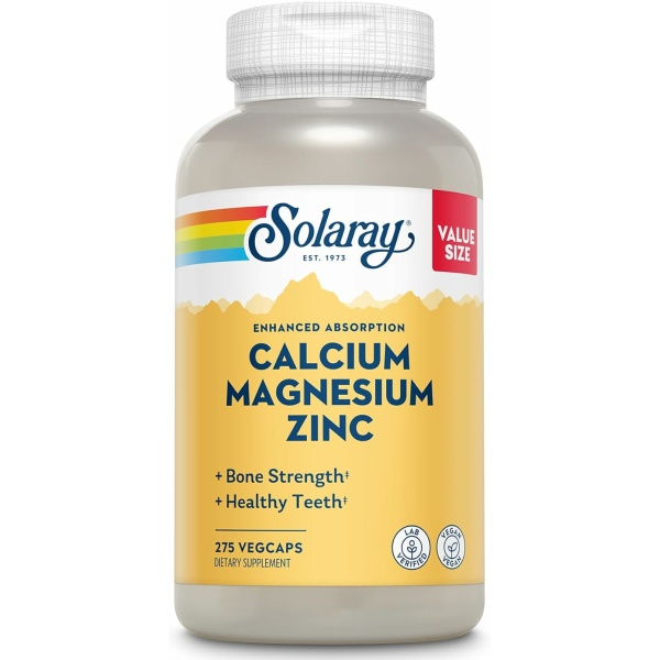 Solaray Calcium Magnesium Zinc Supplement, with Cal & Mag Citrate, Strong Bones & Teeth Support, Easy to Swallow Capsules, 60 Day Money Back Guarantee, 68 Servings, 275 VegCaps