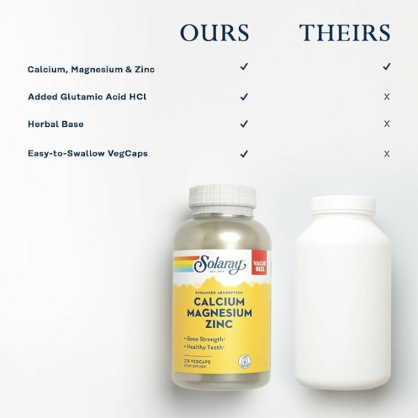⁦Solaray Calcium Magnesium Zinc Supplement, with Cal & Mag Citrate, Strong Bones & Teeth Support, Easy to Swallow Capsules, 60 Day Money Back Guarantee, 68 Servings, 275 VegCaps⁩ - الصورة ⁦5⁩