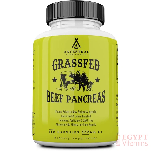 Ancestral Supplements Grass Fed Beef Pancreas Supplement, 500mg, Pancreatic Support with Proteolytic Digestive Enzymes for Digestion Support, Including Trypsin, Non GMO, 180 Capsules