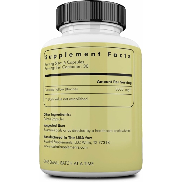 ⁦Ancestral Supplements Grass Fed Beef Tallow Capsules, 3000mg, Nourishing Kidney Fat Supplement Supports Bones, Teeth, Gums, Skin, Immune and Overall Health, Non-GMO, 180 Capsules⁩ - الصورة ⁦6⁩