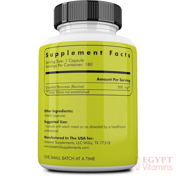 ⁦Ancestral Supplements Grass Fed Beef Pancreas Supplement, 500mg, Pancreatic Support with Proteolytic Digestive Enzymes for Digestion Support, Including Trypsin, Non GMO, 180 Capsules⁩ - الصورة ⁦3⁩