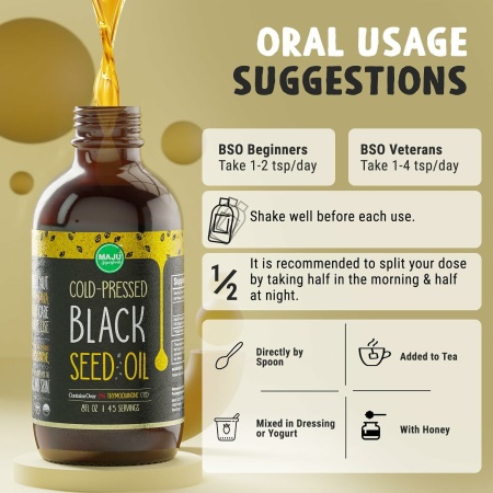 MAJU Black Seed Oil - 3 Times Thymoquinone, Cold-Pressed, 100% Turkish Black Cumin Seed Oil, Liquid Pure Blackseed Oil, Glass Bottle, 8 oz