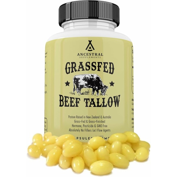 Ancestral Supplements Grass Fed Beef Tallow Capsules, 3000mg, Nourishing Kidney Fat Supplement Supports Bones, Teeth, Gums, Skin, Immune and Overall Health, Non-GMO, 180 Capsules