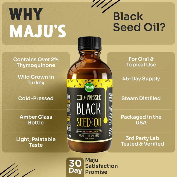 MAJU Black Seed Oil - 3 Times Thymoquinone, Cold-Pressed, 100% Turkish Black Cumin Seed Oil, Liquid Pure Blackseed Oil, Glass Bottle, 8 oz