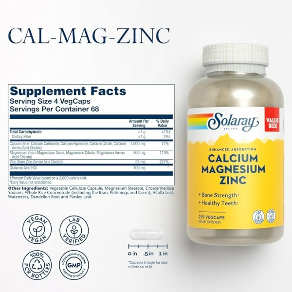 ⁦Solaray Calcium Magnesium Zinc Supplement, with Cal & Mag Citrate, Strong Bones & Teeth Support, Easy to Swallow Capsules, 60 Day Money Back Guarantee, 68 Servings, 275 VegCaps⁩ - الصورة ⁦3⁩