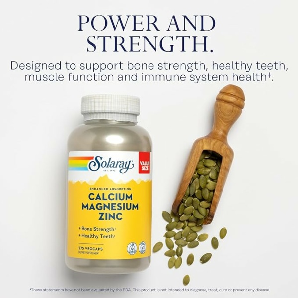 ⁦Solaray Calcium Magnesium Zinc Supplement, with Cal & Mag Citrate, Strong Bones & Teeth Support, Easy to Swallow Capsules, 60 Day Money Back Guarantee, 68 Servings, 275 VegCaps⁩ - الصورة ⁦6⁩