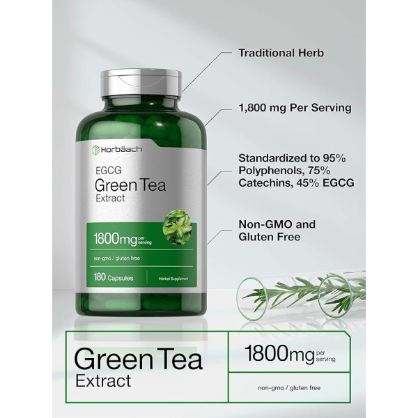 Horbäach EGCG Green Tea Extract Pills | 180 Capsules | Max Potency | Non-GMO & Gluten Free Supplement - Image 3