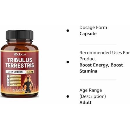 Zolotus Tribulus Terrestris, 8650mg Per Capsule, High Potency with Ashwagndha, Panax Ginseng, Saw Palmetto, Maca, Shilajit. Boost Energy, Mood, Stamina & Performance, for Men & Women, 3 Months Supply.