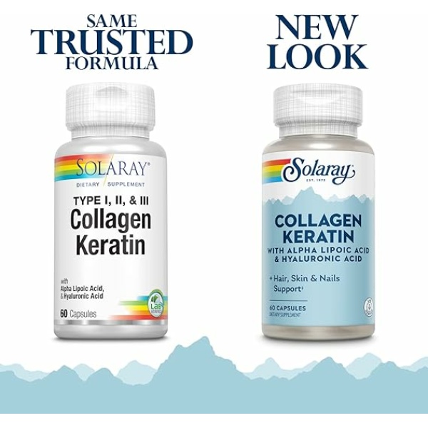 SOLARAY Collagen Keratin with Alpha Lipoic Acid and Hyaluronic Acid - Type I, II and III Collagen Pills - Hair, Skin, Nails, and Joint Health Support - 30 Servings, 60 Capsules