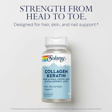 SOLARAY Collagen Keratin with Alpha Lipoic Acid and Hyaluronic Acid - Type I, II and III Collagen Pills - Hair, Skin, Nails, and Joint Health Support - 30 Servings, 60 Capsules