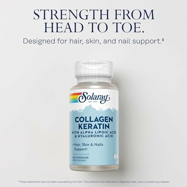 SOLARAY Collagen Keratin with Alpha Lipoic Acid and Hyaluronic Acid - Type I, II and III Collagen Pills - Hair, Skin, Nails, and Joint Health Support - 30 Servings, 60 Capsules