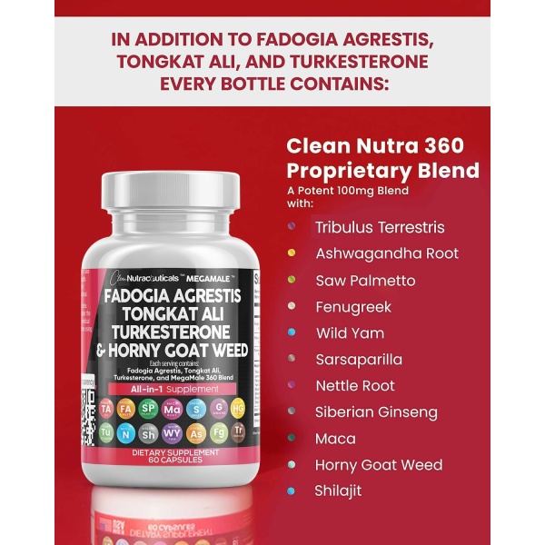 Fadogia Agrestis 5000mg Tongkat Ali 25000mg Turkesterone 5000mg Supplement with Horny Goat Weed, Saw Palmetto, Maca Root, Siberian Ginseng, Tribulus Terrestris, Fenugreek, Wild Yam - 60 Count