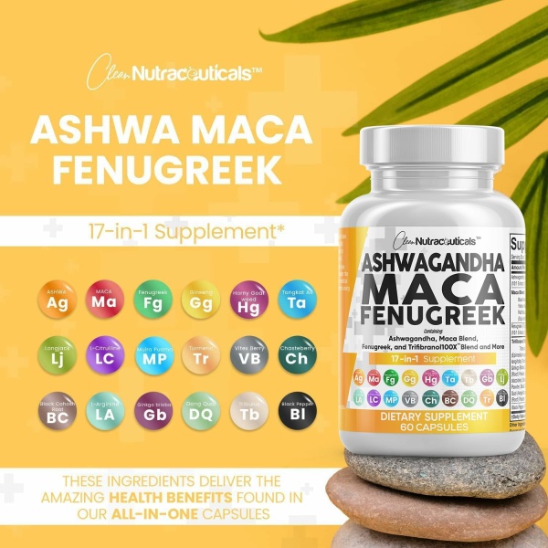 Ashwagandha 5000mg Maca Root 2000mg Fenugreek 3000mg Supplement with Tongkat Ali Ginseng - Assists with Stress, Mood & Thyroid Health - Ashwagandha Capsules Maca Pills Fenugreek Caps - 60 Count