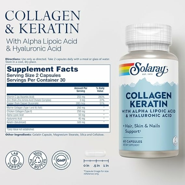 SOLARAY Collagen Keratin with Alpha Lipoic Acid and Hyaluronic Acid - Type I, II and III Collagen Pills - Hair, Skin, Nails, and Joint Health Support - 30 Servings, 60 Capsules