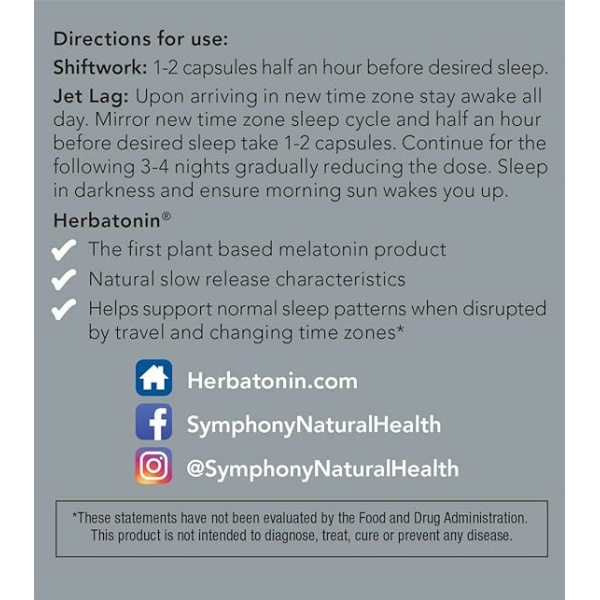 Herbatonin 3mg - The Only Natural Plant Melatonin Natural Sleep Cycle, Body Clock And Circadian Rhythm Support For Jet Lag, 60 Vegan Capsules (60 Day Supply)