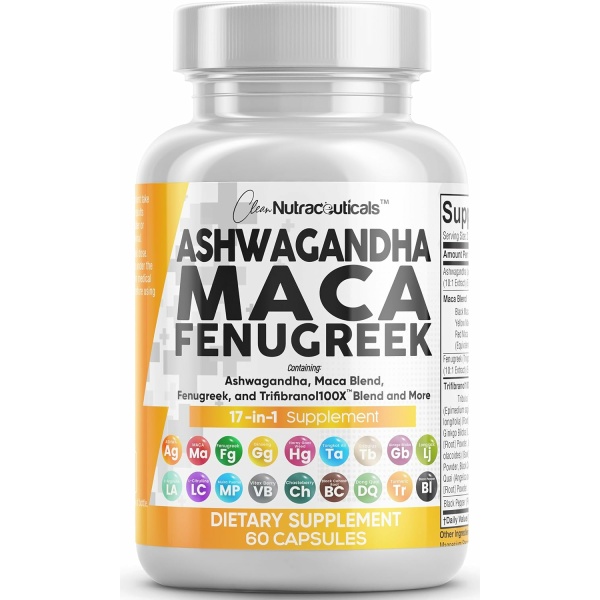 Ashwagandha 5000mg Maca Root 2000mg Fenugreek 3000mg Supplement with Tongkat Ali Ginseng - Assists with Stress, Mood & Thyroid Health - Ashwagandha Capsules Maca Pills Fenugreek Caps - 60 Count