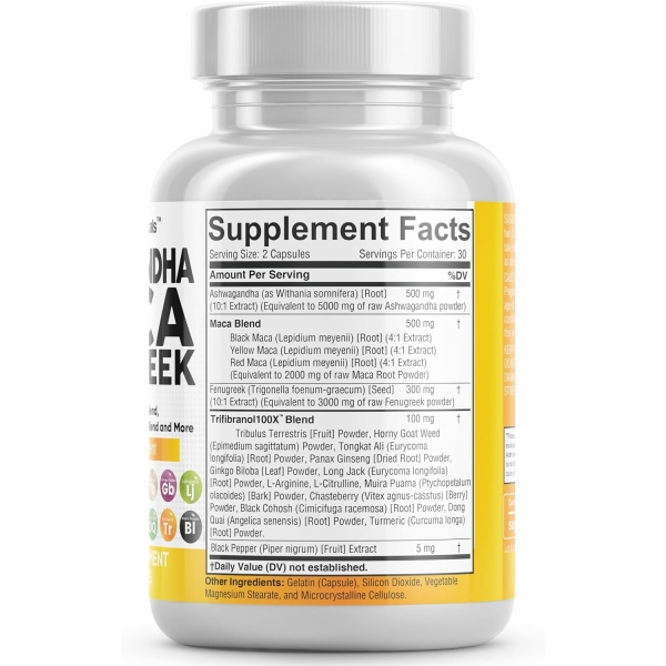 Ashwagandha 5000mg Maca Root 2000mg Fenugreek 3000mg Supplement with Tongkat Ali Ginseng - Assists with Stress, Mood & Thyroid Health - Ashwagandha Capsules Maca Pills Fenugreek Caps - 60 Count