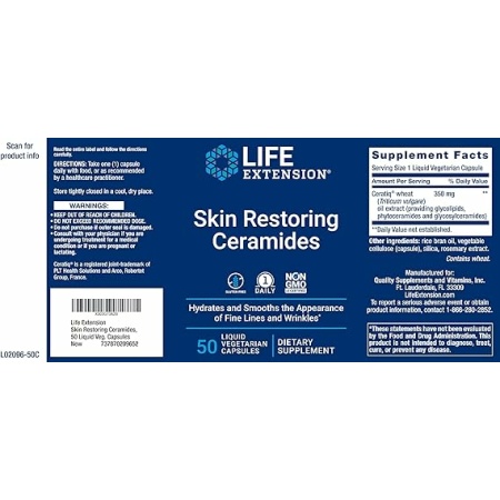 Life Extension Skin Restoring Ceramides, 50 Veg Capsules - Vegan Phytoceramide Supplement