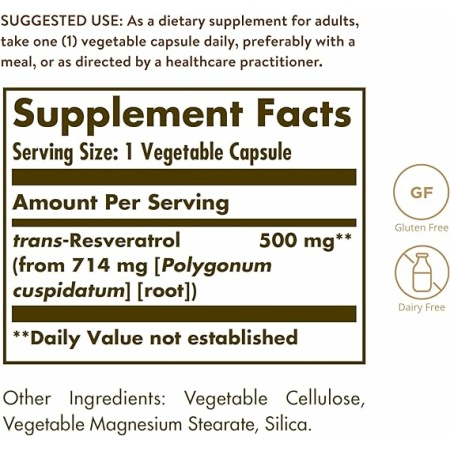 Solgar Resveratrol 500 mg, 30 Vegetable Capsules - Antioxidant Protection - Gluten Free, Dairy Free - 30 Servings