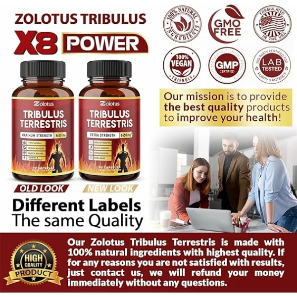 Zolotus Tribulus Terrestris, 8650mg Per Capsule, High Potency with Ashwagndha, Panax Ginseng, Saw Palmetto, Maca, Shilajit. Boost Energy, Mood, Stamina & Performance, for Men & Women, 3 Months Supply.