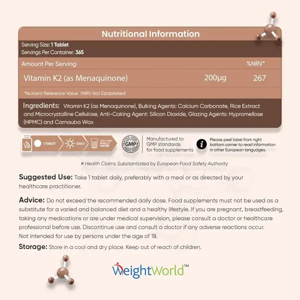 WeightWorld, Vitamin K2 MK7 200mcg, Ingredients