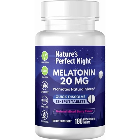 Nature's Perfect Night | Melatonin 20mg | 180 Quick Dissolve Tablets | Natural Mixed Berry Flavor
