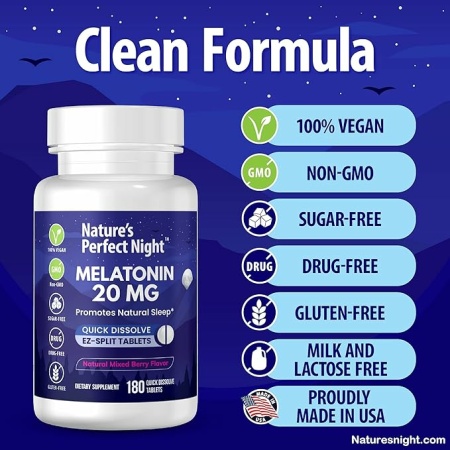 Nature's Perfect Night | Melatonin 20mg | 180 Quick Dissolve Tablets | Natural Mixed Berry Flavor