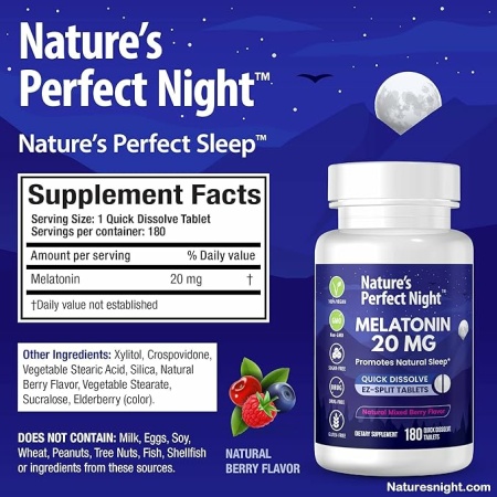 Nature's Perfect Night | Melatonin 20mg | 180 Quick Dissolve Tablets | Natural Mixed Berry Flavor