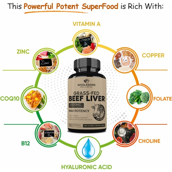Wholesome Wellness Grass Fed Desiccated Beef Liver Capsules,180 Pills, 750mg - Image 6