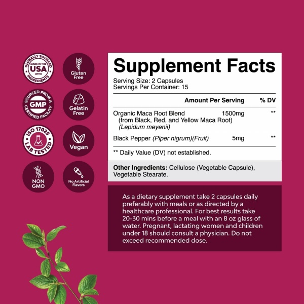 ⁦Maca Root Capsules for Women, Herbal Hormone Balance for Women with Female Enhancing Blend of Red Yellow & Black Maca Root, 30 Cap⁩ - الصورة ⁦3⁩