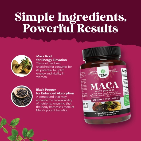 ⁦Maca Root Capsules for Women, Herbal Hormone Balance for Women with Female Enhancing Blend of Red Yellow & Black Maca Root, 30 Cap⁩ - الصورة ⁦5⁩