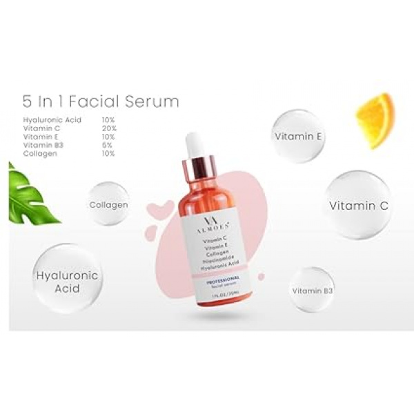 Revitalize your skin with the ALMOES SERUM, a potent blend of powerful ingredients designed to deliver comprehensive skincare benefits. Formulated with 20% Vitamin C, Alpha Arbutin, Polyglutamic Acid, Hyaluronic Acid, Vitamin E, and Collagen, this advanced serum works to minimize pores, brighten skin, and combat signs of aging, giving you a radiant and youthful complexion. Key Features High-Potency Vitamin C (20%) This serum is packed with a high concentration of Vitamin C, a powerful antioxidant that helps brighten the skin, reduce hyperpigmentation, and protect against environmental damage. Pore-Minimizing Alpha Arbutin Alpha Arbutin effectively reduces the appearance of pores and helps even out skin tone, giving your complexion a smoother, more refined look. Hydrating Polyglutamic Acid Known for its superior moisture-retaining abilities, Polyglutamic Acid keeps the skin hydrated and plump, enhancing overall skin texture and elasticity. Deeply Moisturizing Hyaluronic Acid Hyaluronic Acid provides intense hydration, helping to plump the skin and reduce the appearance of fine lines and wrinkles. Nourishing Vitamin E Vitamin E offers additional antioxidant protection, supporting skin repair and providing essential nourishment for a healthy glow. Collagen-Boosting Benefits Infused with Collagen, this serum helps improve skin firmness and elasticity, promoting a more youthful appearance. Brightening and Anti-Aging Formula The combination of these powerful ingredients works synergistically to brighten the skin, reduce dark spots, and diminish signs of aging, such as fine lines and wrinkles. Lightweight and Fast-Absorbing The serum’s lightweight, non-greasy formula absorbs quickly, making it suitable for all skin types, including sensitive and combination skin. Ingredients Vitamin C (20%) Alpha Arbutin Polyglutamic Acid Hyaluronic Acid Vitamin E Collagen Aqua (Water) Glycerin Propylene Glycol Phenoxyethanol Ethylhexylglycerin Directions for Use Apply a few drops of the serum to cleansed and toned skin, both morning and night. Gently massage into the face and neck until fully absorbed. Follow with your favorite moisturizer or sunscreen during the day. For use around the eyes, apply carefully to avoid direct contact with the eyes.
