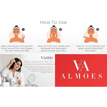 Revitalize your skin with the ALMOES SERUM, a potent blend of powerful ingredients designed to deliver comprehensive skincare benefits. Formulated with 20% Vitamin C, Alpha Arbutin, Polyglutamic Acid, Hyaluronic Acid, Vitamin E, and Collagen, this advanced serum works to minimize pores, brighten skin, and combat signs of aging, giving you a radiant and youthful complexion. Key Features High-Potency Vitamin C (20%) This serum is packed with a high concentration of Vitamin C, a powerful antioxidant that helps brighten the skin, reduce hyperpigmentation, and protect against environmental damage. Pore-Minimizing Alpha Arbutin Alpha Arbutin effectively reduces the appearance of pores and helps even out skin tone, giving your complexion a smoother, more refined look. Hydrating Polyglutamic Acid Known for its superior moisture-retaining abilities, Polyglutamic Acid keeps the skin hydrated and plump, enhancing overall skin texture and elasticity. Deeply Moisturizing Hyaluronic Acid Hyaluronic Acid provides intense hydration, helping to plump the skin and reduce the appearance of fine lines and wrinkles. Nourishing Vitamin E Vitamin E offers additional antioxidant protection, supporting skin repair and providing essential nourishment for a healthy glow. Collagen-Boosting Benefits Infused with Collagen, this serum helps improve skin firmness and elasticity, promoting a more youthful appearance. Brightening and Anti-Aging Formula The combination of these powerful ingredients works synergistically to brighten the skin, reduce dark spots, and diminish signs of aging, such as fine lines and wrinkles. Lightweight and Fast-Absorbing The serum’s lightweight, non-greasy formula absorbs quickly, making it suitable for all skin types, including sensitive and combination skin. Ingredients Vitamin C (20%) Alpha Arbutin Polyglutamic Acid Hyaluronic Acid Vitamin E Collagen Aqua (Water) Glycerin Propylene Glycol Phenoxyethanol Ethylhexylglycerin Directions for Use Apply a few drops of the serum to cleansed and toned skin, both morning and night. Gently massage into the face and neck until fully absorbed. Follow with your favorite moisturizer or sunscreen during the day. For use around the eyes, apply carefully to avoid direct contact with the eyes.