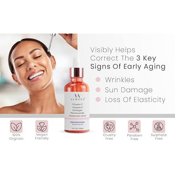 Revitalize your skin with the ALMOES SERUM, a potent blend of powerful ingredients designed to deliver comprehensive skincare benefits. Formulated with 20% Vitamin C, Alpha Arbutin, Polyglutamic Acid, Hyaluronic Acid, Vitamin E, and Collagen, this advanced serum works to minimize pores, brighten skin, and combat signs of aging, giving you a radiant and youthful complexion. Key Features High-Potency Vitamin C (20%) This serum is packed with a high concentration of Vitamin C, a powerful antioxidant that helps brighten the skin, reduce hyperpigmentation, and protect against environmental damage. Pore-Minimizing Alpha Arbutin Alpha Arbutin effectively reduces the appearance of pores and helps even out skin tone, giving your complexion a smoother, more refined look. Hydrating Polyglutamic Acid Known for its superior moisture-retaining abilities, Polyglutamic Acid keeps the skin hydrated and plump, enhancing overall skin texture and elasticity. Deeply Moisturizing Hyaluronic Acid Hyaluronic Acid provides intense hydration, helping to plump the skin and reduce the appearance of fine lines and wrinkles. Nourishing Vitamin E Vitamin E offers additional antioxidant protection, supporting skin repair and providing essential nourishment for a healthy glow. Collagen-Boosting Benefits Infused with Collagen, this serum helps improve skin firmness and elasticity, promoting a more youthful appearance. Brightening and Anti-Aging Formula The combination of these powerful ingredients works synergistically to brighten the skin, reduce dark spots, and diminish signs of aging, such as fine lines and wrinkles. Lightweight and Fast-Absorbing The serum’s lightweight, non-greasy formula absorbs quickly, making it suitable for all skin types, including sensitive and combination skin. Ingredients Vitamin C (20%) Alpha Arbutin Polyglutamic Acid Hyaluronic Acid Vitamin E Collagen Aqua (Water) Glycerin Propylene Glycol Phenoxyethanol Ethylhexylglycerin Directions for Use Apply a few drops of the serum to cleansed and toned skin, both morning and night. Gently massage into the face and neck until fully absorbed. Follow with your favorite moisturizer or sunscreen during the day. For use around the eyes, apply carefully to avoid direct contact with the eyes.