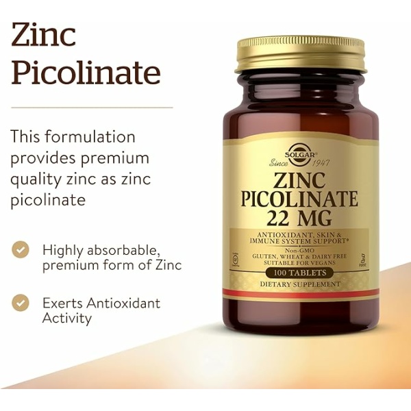 Solgar Zinc Picolinate 22 mg, 100 Tablets