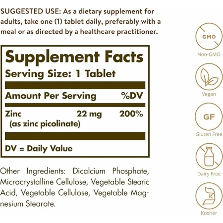Solgar Zinc Picolinate 22 mg, 100 Tablets